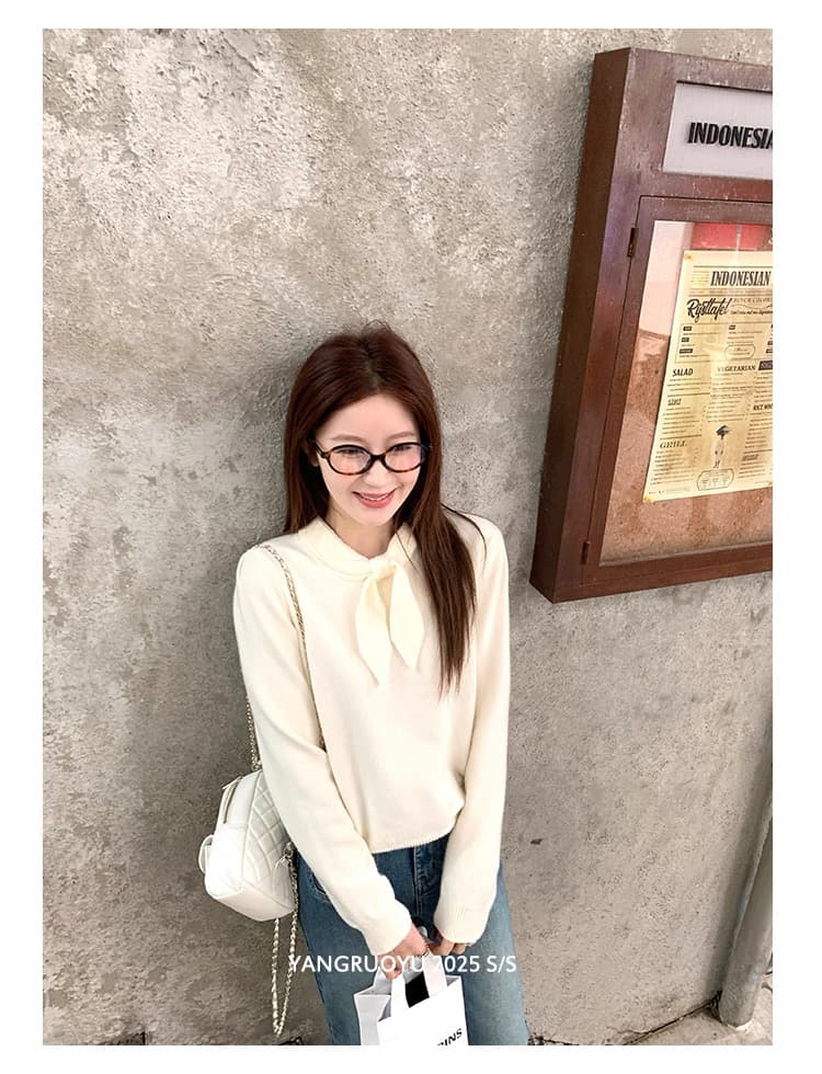 가을 새로운 토끼 아 나비 넥타이 디자인 단색 긴팔 니트 스웨터 외국 가스 캐주얼 연령 감소 스웨터 코트 상세 이미지 47
