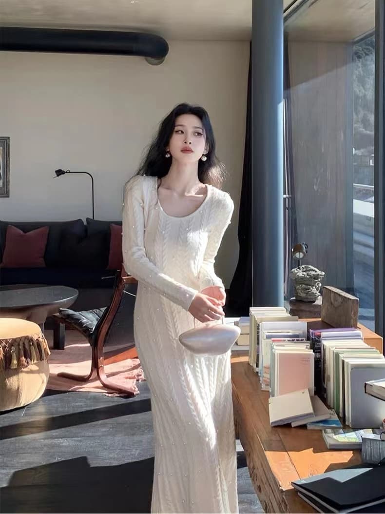 오래된 돈 바람 양모 진주 꽈배기 니트 여성 드레스 겨울 새로운 몸매 가꾸기 타이트 스커트 길다 치마 상세 이미지 16