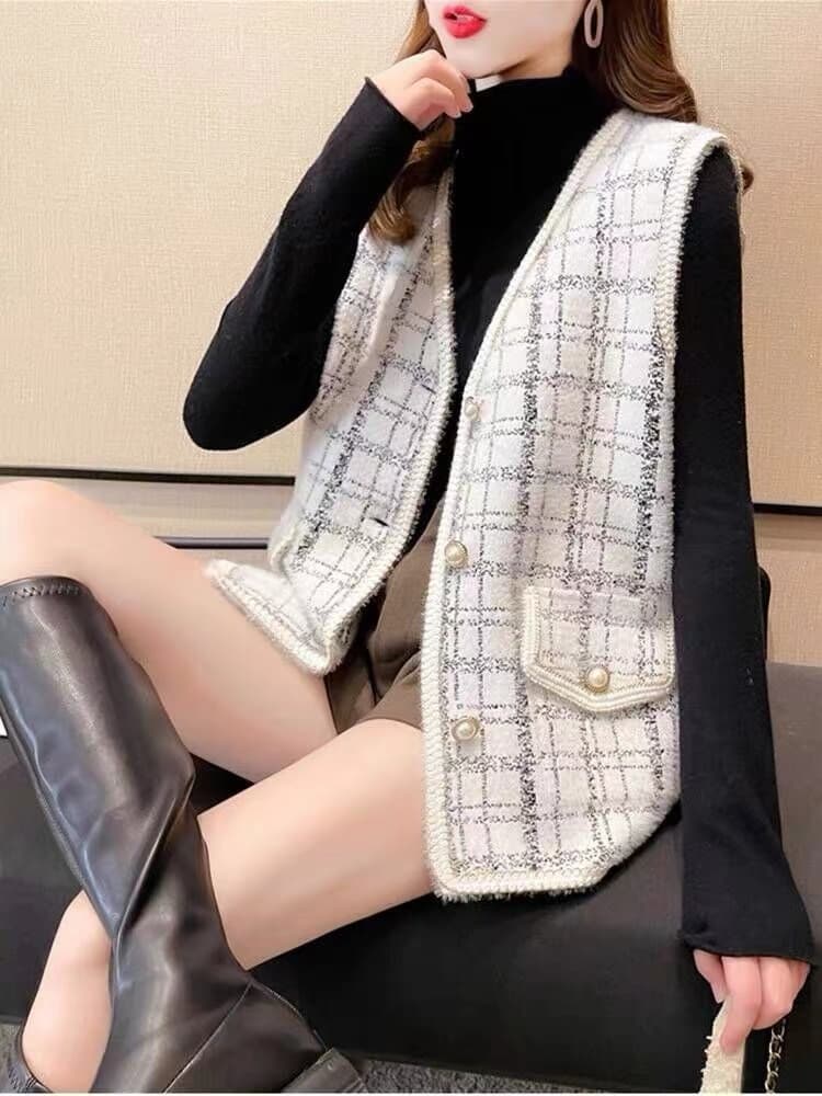 작은 샤넬 스타일 조끼 여자 체크무늬 재킷 민소매 외출용 조끼 모방 밍크 플리스 가을 겨울철 니트 오픈 가디건
