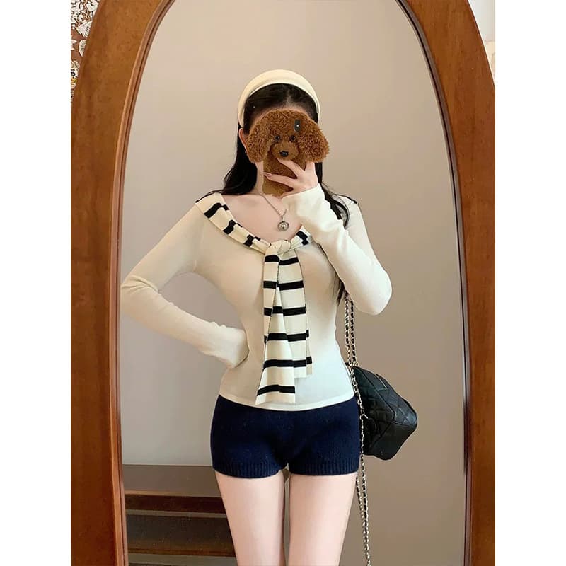 2026 새로운 페이크 레이어드 스트라이프 숄 이른 가을 얇은 스타일 한 부서 순수한 욕망 보트넥 패치워크 배색 숄 니트 상세 이미지 3