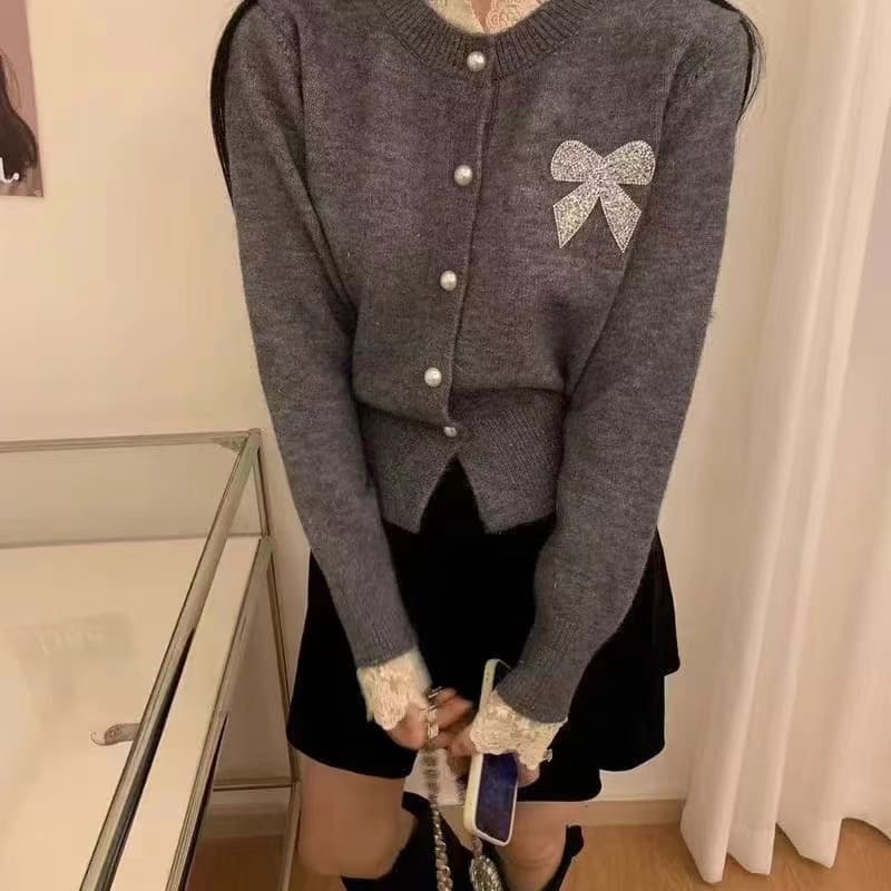 프랑스식 달콤한 스타일 레이스 핫픽스 나비 매듭 니트 오픈 가디건 여성 가을 겨울철 따뜻한 부드럽다 찹쌀 보온 스웨터 이미지 3
