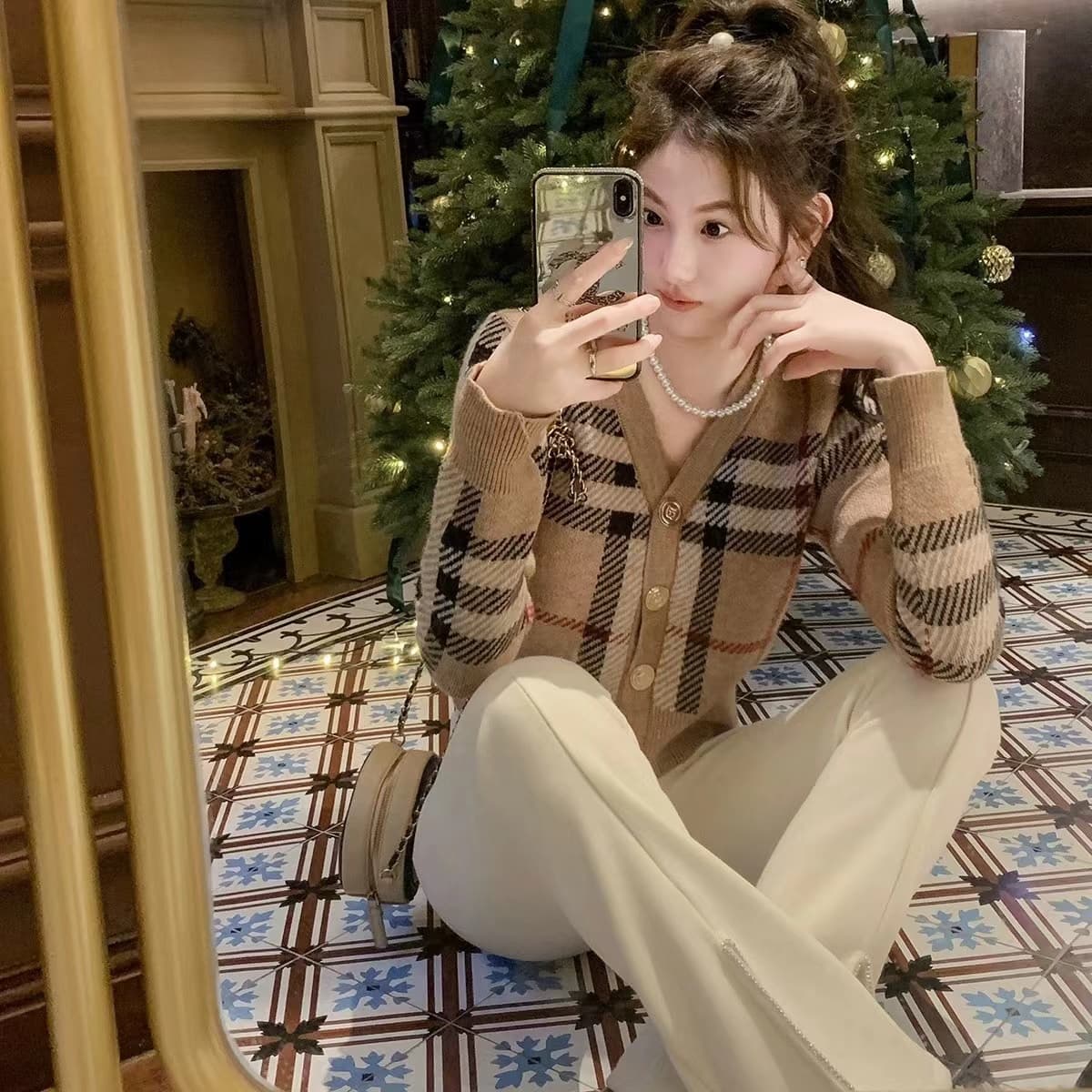 한 부서 체크무늬 카드 색상 오픈 가디건 니트 ootd 유럽 역 2026 가을 겨울 새로운 ins 조수 브랜드 V넥 동대문 패션 이미지 5