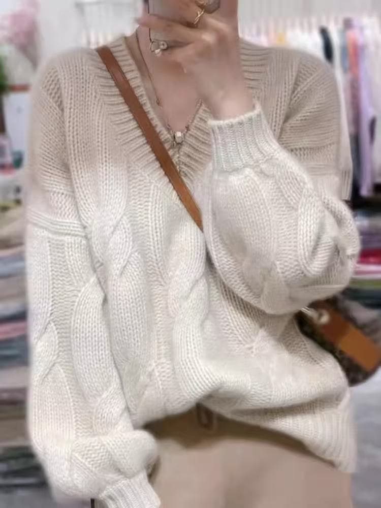 유럽 역 양모 스웨터 여성 가을 겨울 두꺼운 V넥 루즈핏 스웨터 레트로 트위스트 꽃 느긋한 바람 쇼트 스타일 니트 스웨터 상세 이미지 10