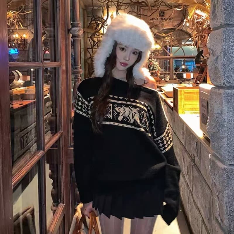 비스듬한 어깨 눈꽃 공정한 섬 오프숄더 레트로 스웨터 오프숄더 고급 가을 겨울 루즈핏 여성 순수한 욕망 핫걸 여성 의류 공정한 상세 이미지 11