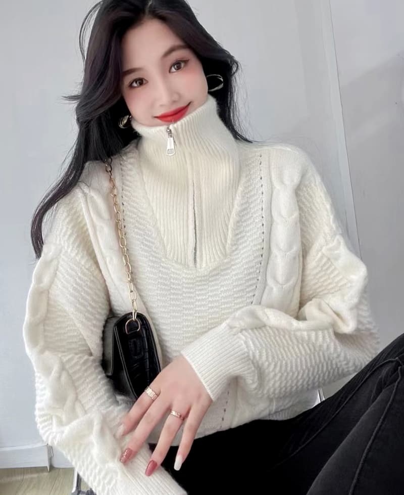 한국 스타일 터틀넥 스웨터 여자 하프 지퍼 폴로 칼라 가을 겨울 의류 루즈핏 외출용 느긋한 바람 꽈배기 니트 풀오버 맨위 상세 이미지 14