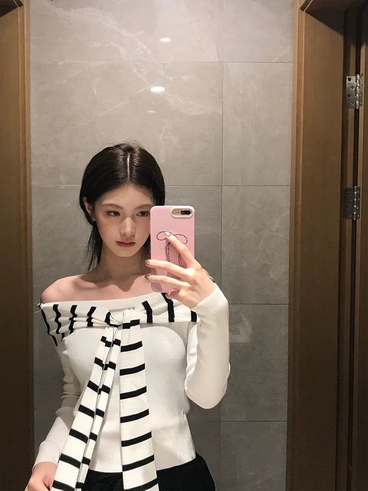 frequency 꿩 오리지널 핫걸 샤오시엔 니트 스웨터 선원 칼라 오프숄더 몸매 가꾸기 슬림해 보이는 긴팔 맨위