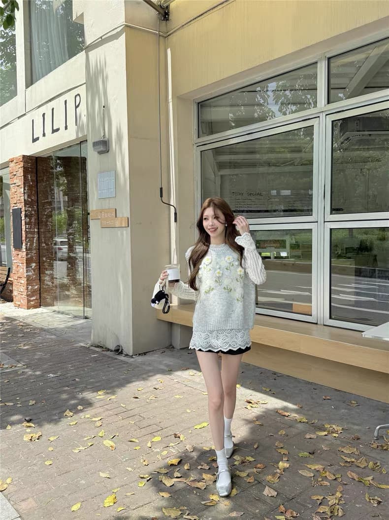 가을 의상 새로운 3 차원 꽃 니트 조끼 여자 루즈핏 스웨터 민소매 어깨 조끼 맨위 상세 이미지 13