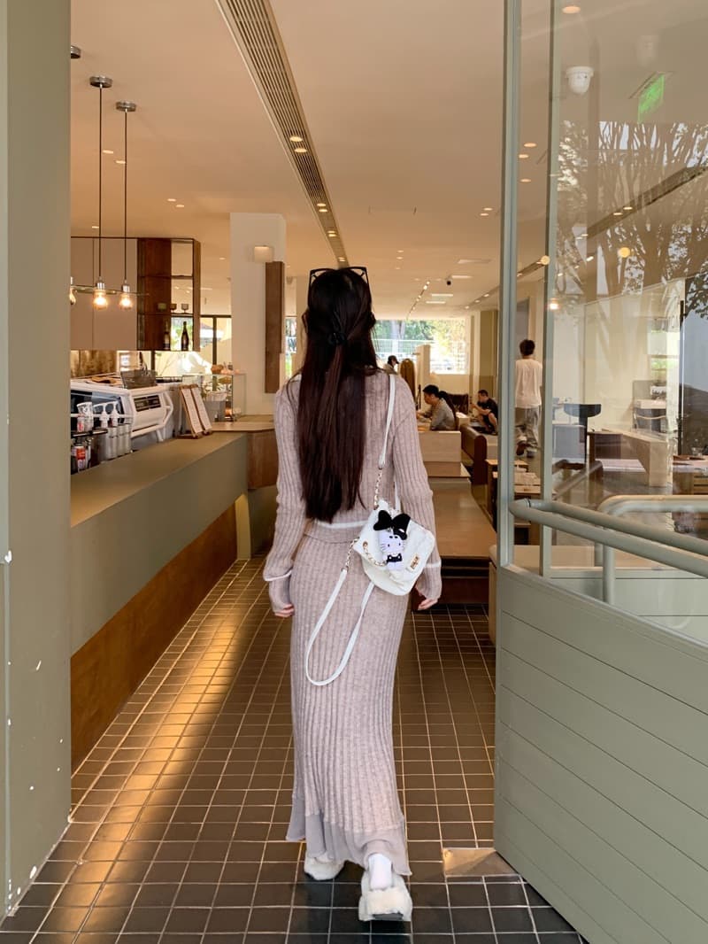 늦게 우산 우산 fw 런던 손 편지 모카 밝은 갈색 배색 폴로 칼라 니트 스웨터 패치워크 롱 스커트 미니 스커트 세트 상세 이미지 13