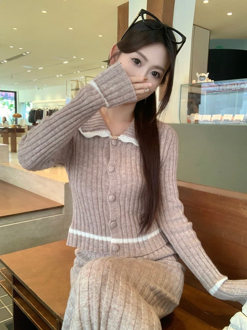 늦게 우산 우산 fw 런던 손 편지 모카 밝은 갈색 배색 폴로 칼라 니트 스웨터 패치워크 롱 스커트 미니 스커트 세트 상세 이미지 14