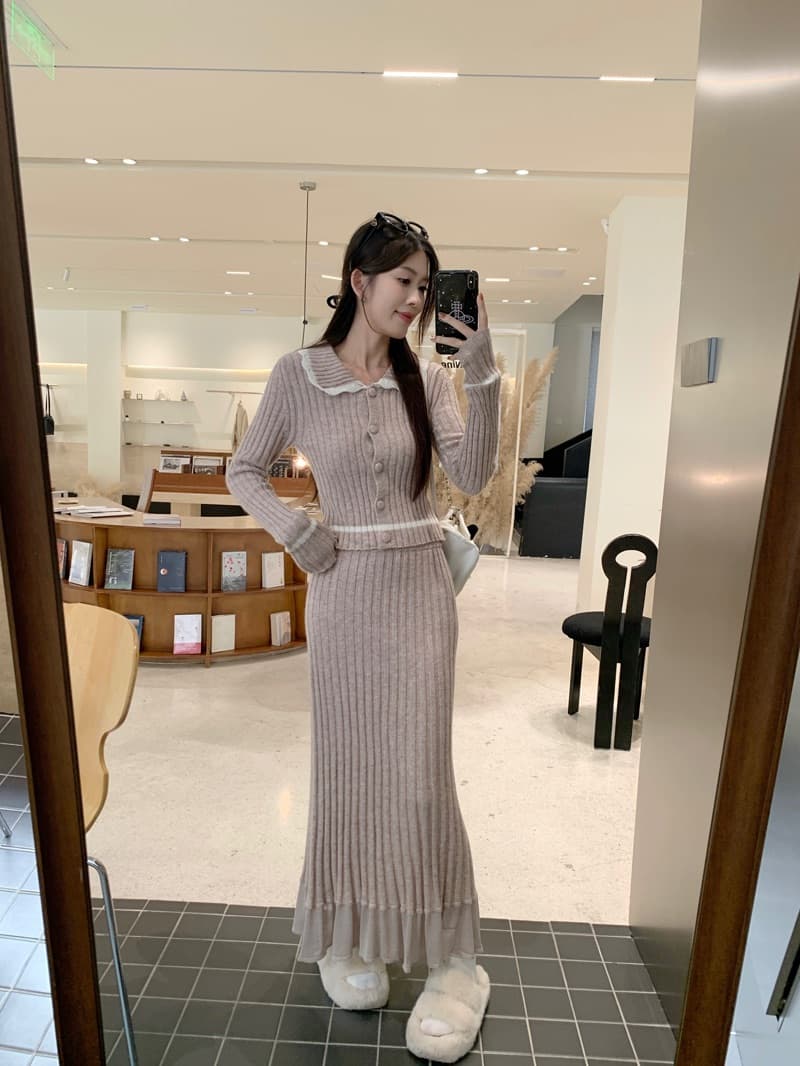 늦게 우산 우산 fw 런던 손 편지 모카 밝은 갈색 배색 폴로 칼라 니트 스웨터 패치워크 롱 스커트 미니 스커트 세트 상세 이미지 21
