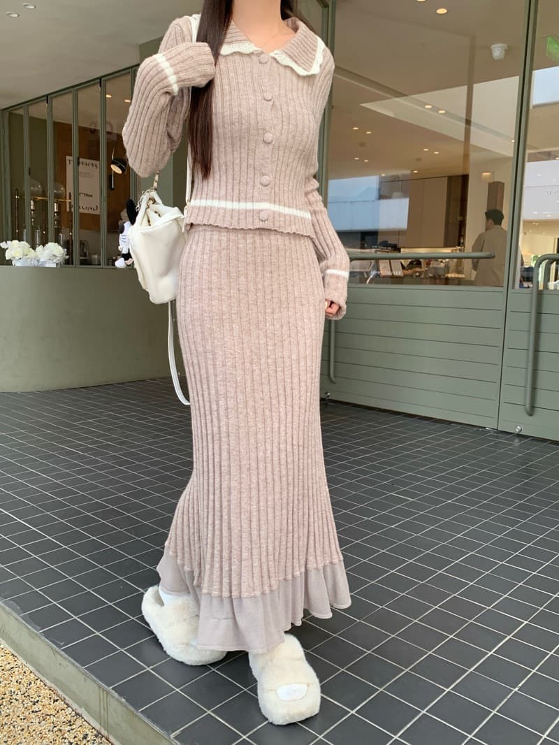 늦게 우산 우산 fw 런던 손 편지 모카 밝은 갈색 배색 폴로 칼라 니트 스웨터 패치워크 롱 스커트 미니 스커트 세트 상세 이미지 27