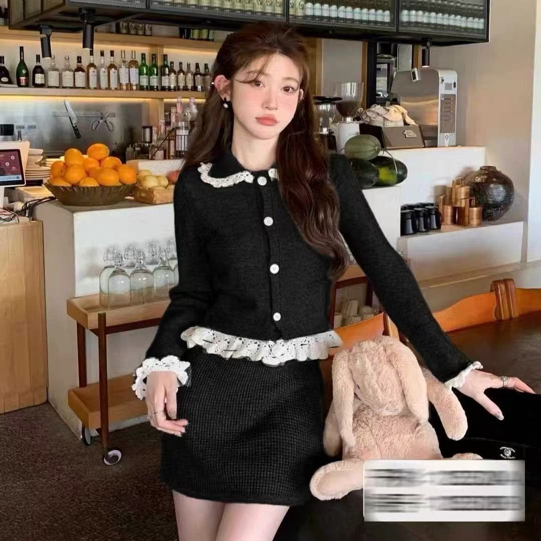 한국 동대문 한 부서 소녀 센스 탈착식 무거운 작업 수공 자수 양모 니트 스웨터 미니 스커트 세트 이미지 4