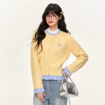 패치워크 배색 스웨터 오픈 가디건 싱글 줄 버튼 아메리칸 레트로 체크무늬 디자인 새로운 가을 겨울철 페이크 레이어드 스웨터 여자 상세 이미지 1
