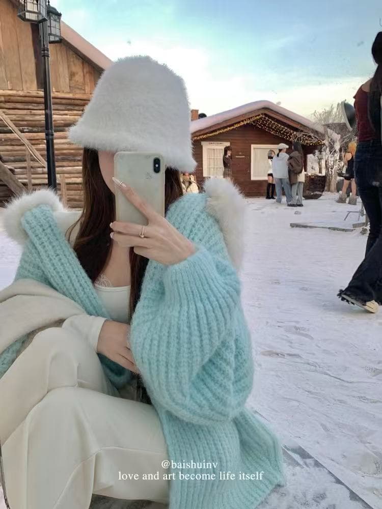 한국 동대문 큰 모피 칼라 후드 스웨터 여자 가을 겨울 느긋한 느슨함 센스 루즈핏 보온 재킷 상세 이미지 6