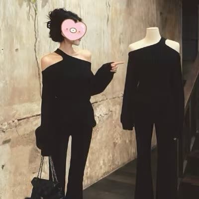 한국 동대문 자이언트 잘 생긴 행침 목 비스듬한 어깨 디자인 센스 루즈핏 스웨터 느긋한 센스 외출용 구덩이 기사 니트 스웨터 켜기 상세 이미지 16