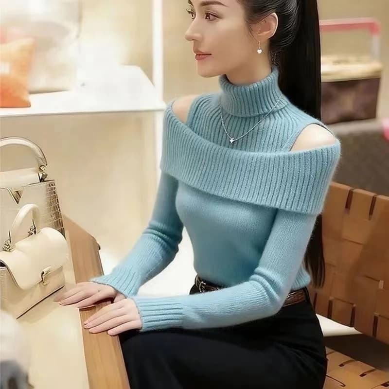 파란색 터틀넥 스웨터 여자 가을 고급 작은 대중 아니요 명중 섹션 작은 샤넬 스타일 자이언트 잘 생긴 품격 꼬집기 허리 니트 맨위 상세 이미지 5