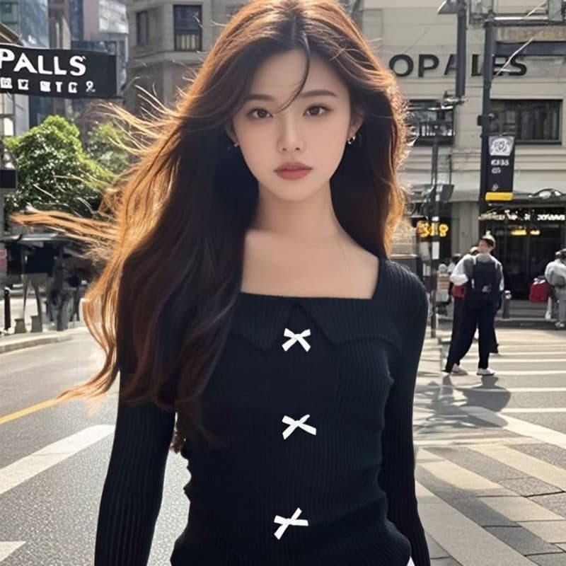 아메리칸 레트로 핫걸 나비 매듭 광장 칼라 긴팔 티셔츠 여성 가을 쇼트 스타일 허리 수축 슬림해 보이는 만나는 맨위 상세 이미지 2