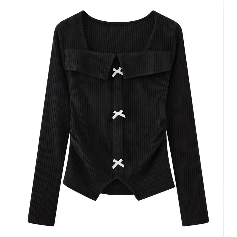 아메리칸 레트로 핫걸 나비 매듭 광장 칼라 긴팔 티셔츠 여성 가을 쇼트 스타일 허리 수축 슬림해 보이는 만나는 맨위 상세 이미지 10