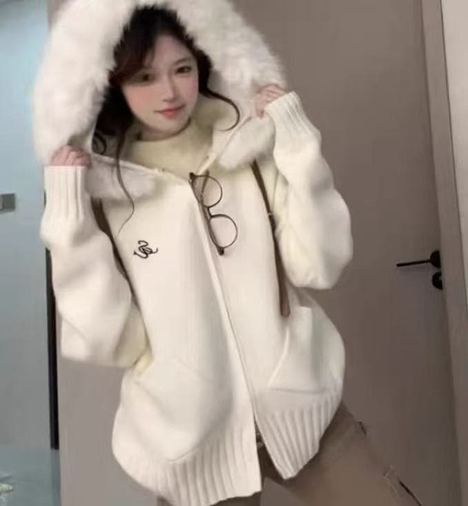 한국 동대문 느긋한 바람 부드러운 찹쌀 스웨터 여성 코트 가을 겨울철 모피 칼라 후드 지퍼 니트 오픈 가디건 상세 이미지 1