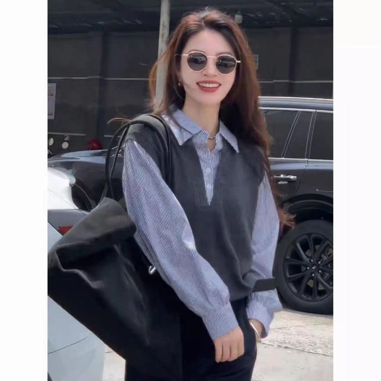 x.zhen 스트라이프 페이크 레이어드 셔츠 느긋한 바람 여성 의류 고급 센스 맨위 느슨함 센스 고유 한 아름다운 작은 이미지 3