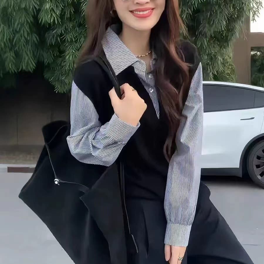 x.zhen 스트라이프 페이크 레이어드 셔츠 느긋한 바람 여성 의류 고급 센스 맨위 느슨함 센스 고유 한 아름다운 작은 이미지 5