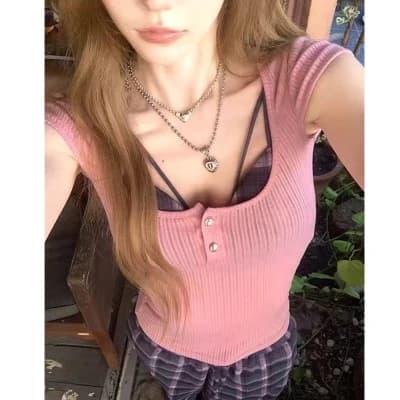 새로운 한 부서 소녀 연인 둘 색상 블라우스 체크무늬 인사이드 가져 가라. 세트 몸매 가꾸기 달콤한 매운맛 두 조각 여성 세트 상세 이미지 1