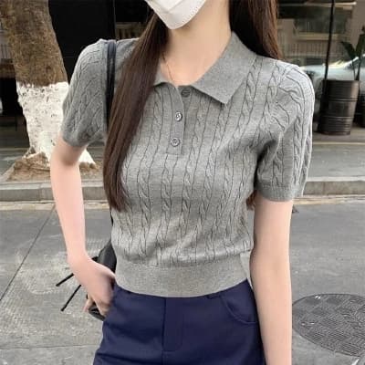 pusumede 레트로 니트 스웨터 반팔 티셔츠 여성 여름 얇은 스타일 캐주얼 POLO 칼라 꽈배기 긍정적 인 어깨 쇼트 스타일 맨위 상세 이미지 1