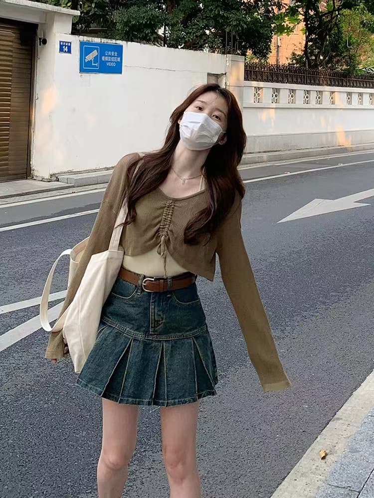 아메리칸 레트로 자외선 차단 블라우스 인사이드 가져 가라. 행침 목 조끼 맨위 투피스 세트 봄 가을 순수한 욕망 쇼트 스타일 펌프 로프 긴팔 트렌디 상세 이미지 6