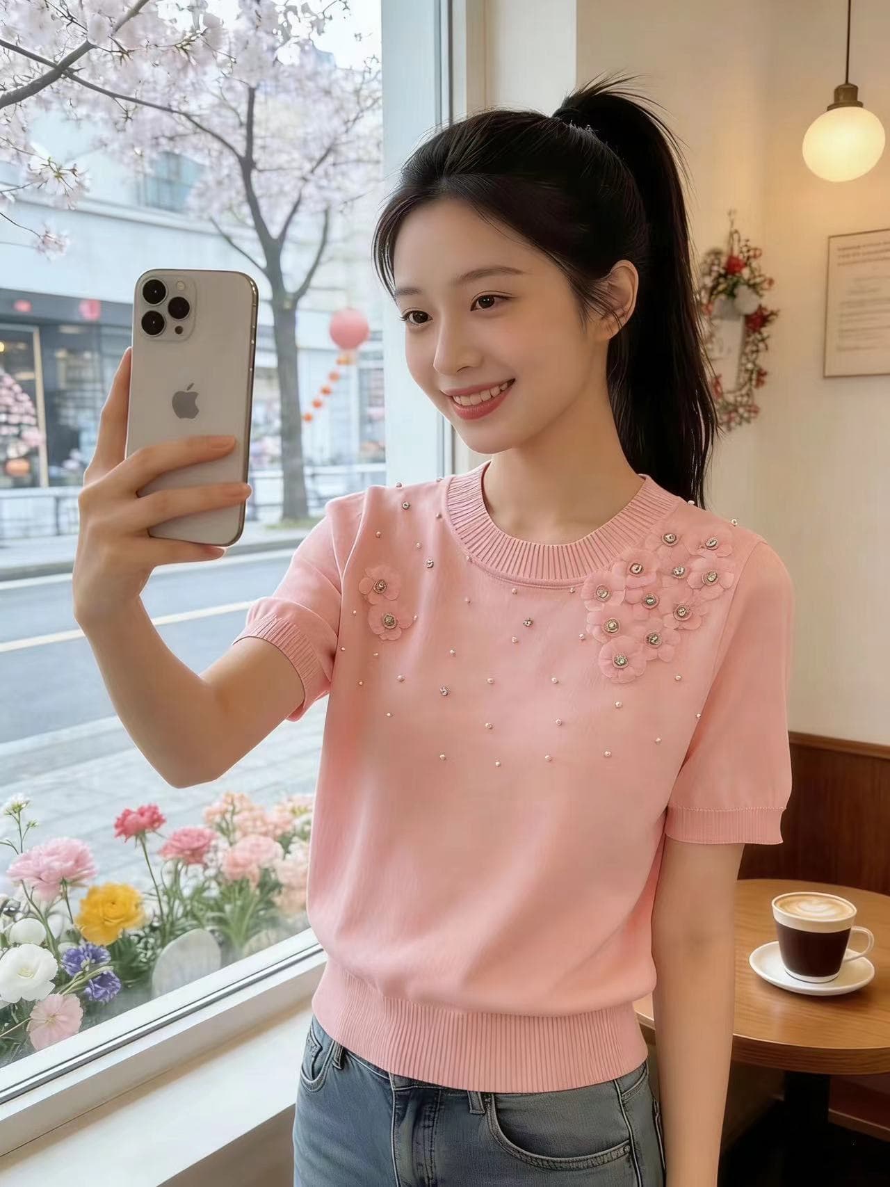 2026 새로운 봄 여름 디자인 센스 작은 대중 Chic 무거운 작업 비즈 박기 반팔 티셔츠 여성 몸매 가꾸기 맨위 패션 이미지 2