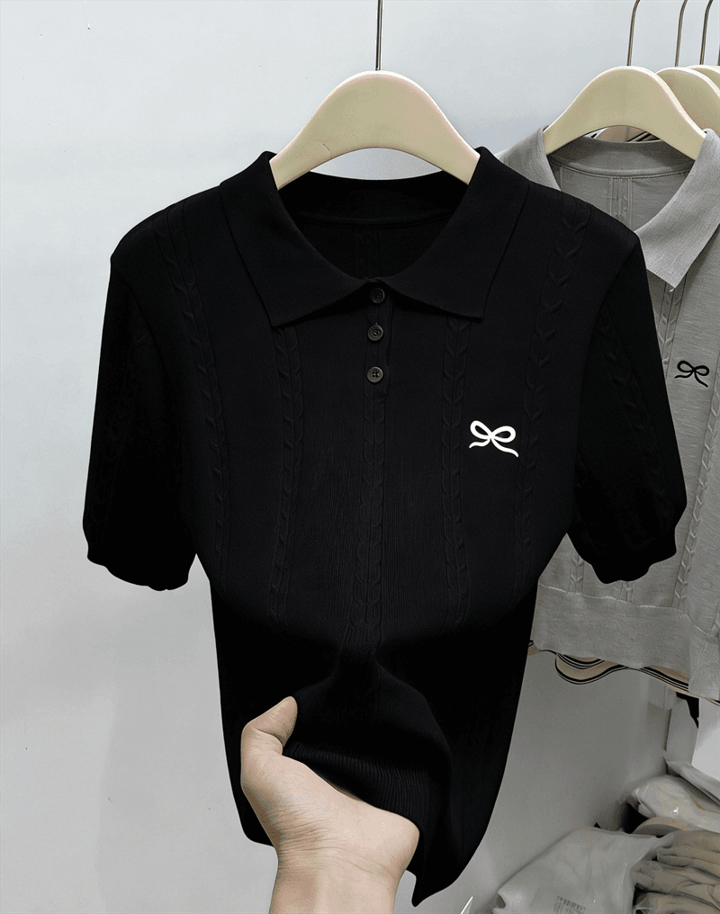 학원 스타일 꽈배기 니트 반팔 티셔츠 여성 여름 디자인 센스 나비 매듭 자수 polo 폴로 칼라 긍정적 인 어깨 의류 상세 이미지 8