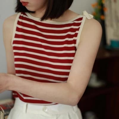 보트넥 스트라이프 슬립 작은 조끼 여성 여름 새로운 차가운 기본 셔츠 항구 바람 레트로 외출용 맨위 얇은 스타일 상세 이미지 1