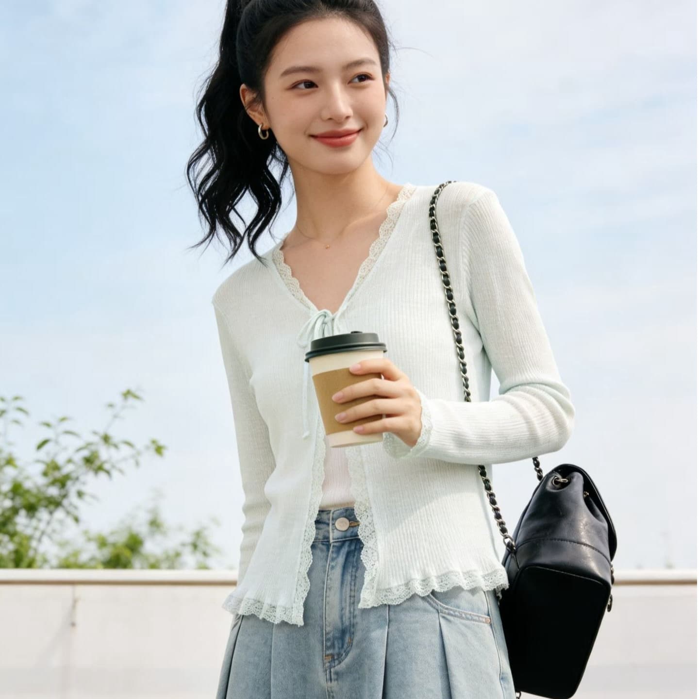 2026 년 여름 새로운 디자인 센스 달콤함 연령 감소 V넥 레이스 레이스 레이스업 오픈 가디건 자외선 차단 상세 이미지 2