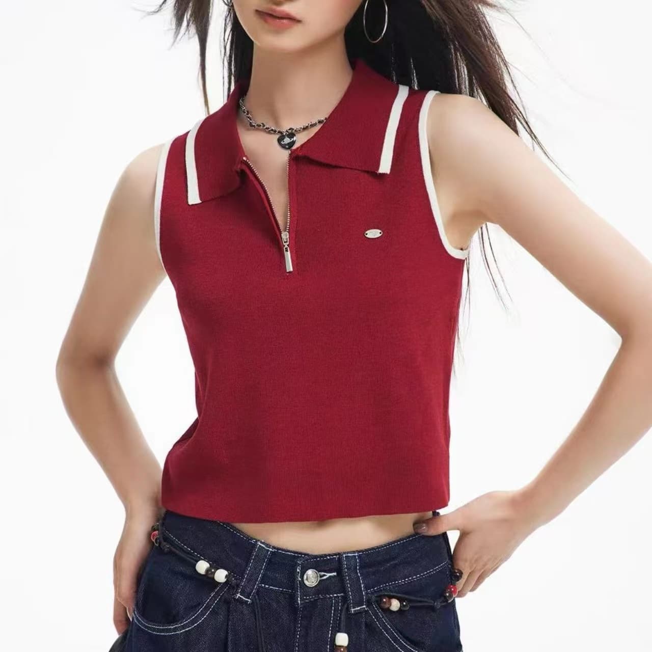 하프 지퍼 빨간색 POLO 칼라 니트 조끼 여성 여름 2026 새로운 몸매 가꾸기 슬림해 보이는 민소매 맨위 이미지 3