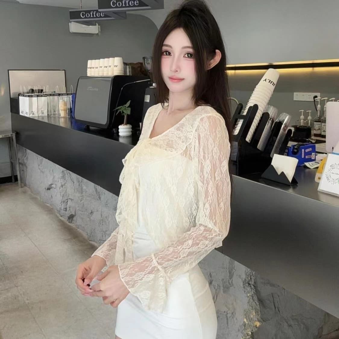 순수한 욕망 숄 여름 연꽃 잎 긴팔 얇은 스타일 홀로우 아웃 재킷 나팔 레이스 레이스업 자외선 차단 오픈 가디건 블라우스 맨위 이미지 4