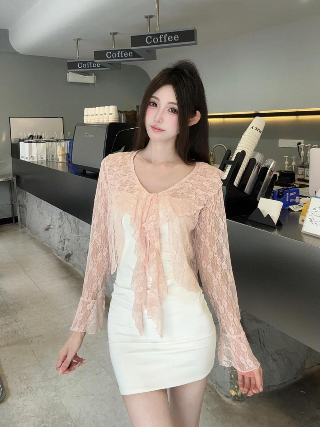 순수한 욕망 숄 여름 연꽃 잎 긴팔 얇은 스타일 홀로우 아웃 재킷 나팔 레이스 레이스업 자외선 차단 오픈 가디건 블라우스 맨위 상세 이미지 2
