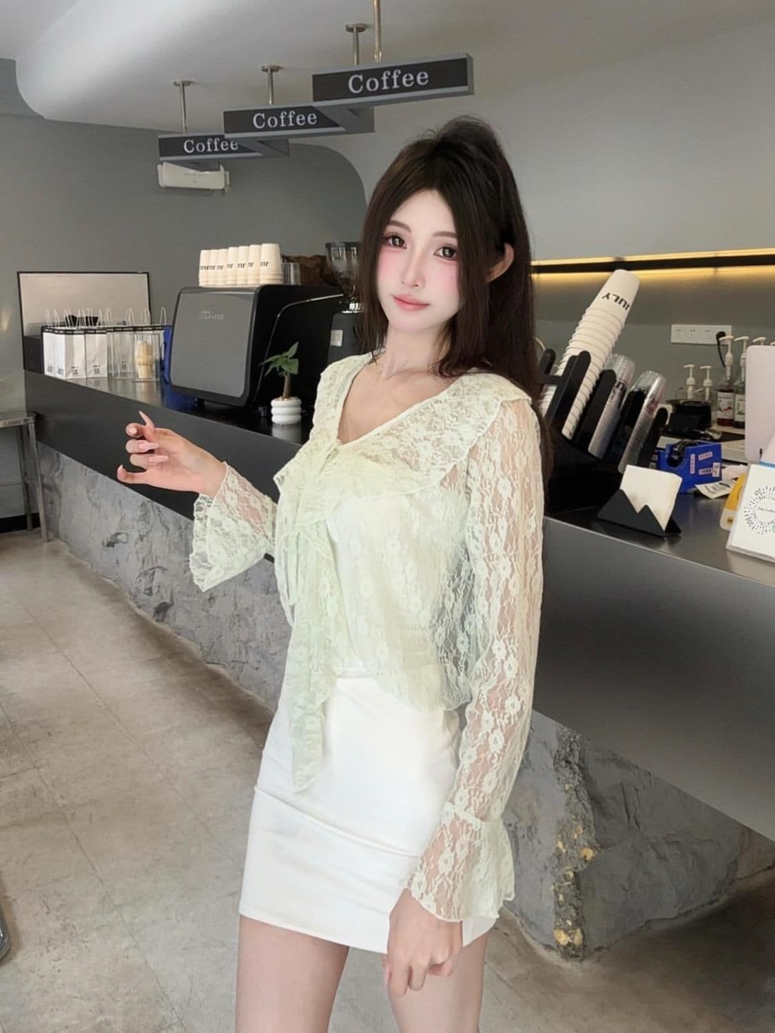 순수한 욕망 숄 여름 연꽃 잎 긴팔 얇은 스타일 홀로우 아웃 재킷 나팔 레이스 레이스업 자외선 차단 오픈 가디건 블라우스 맨위 상세 이미지 3