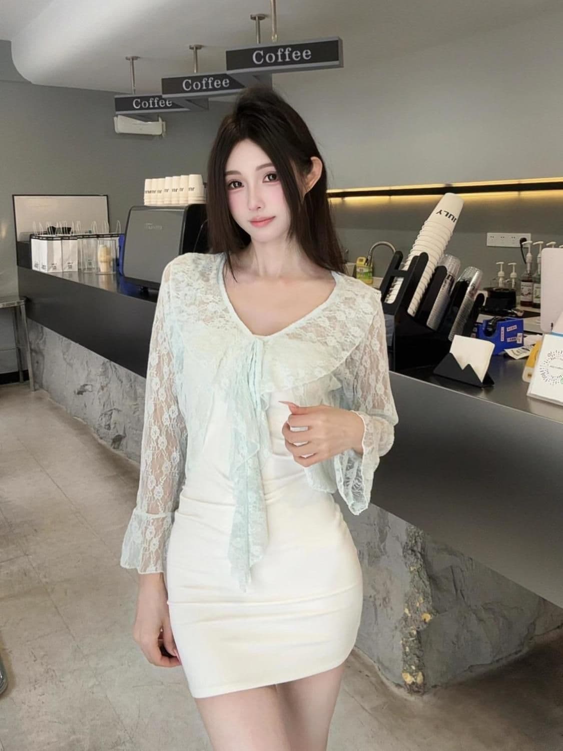 순수한 욕망 숄 여름 연꽃 잎 긴팔 얇은 스타일 홀로우 아웃 재킷 나팔 레이스 레이스업 자외선 차단 오픈 가디건 블라우스 맨위 상세 이미지 4