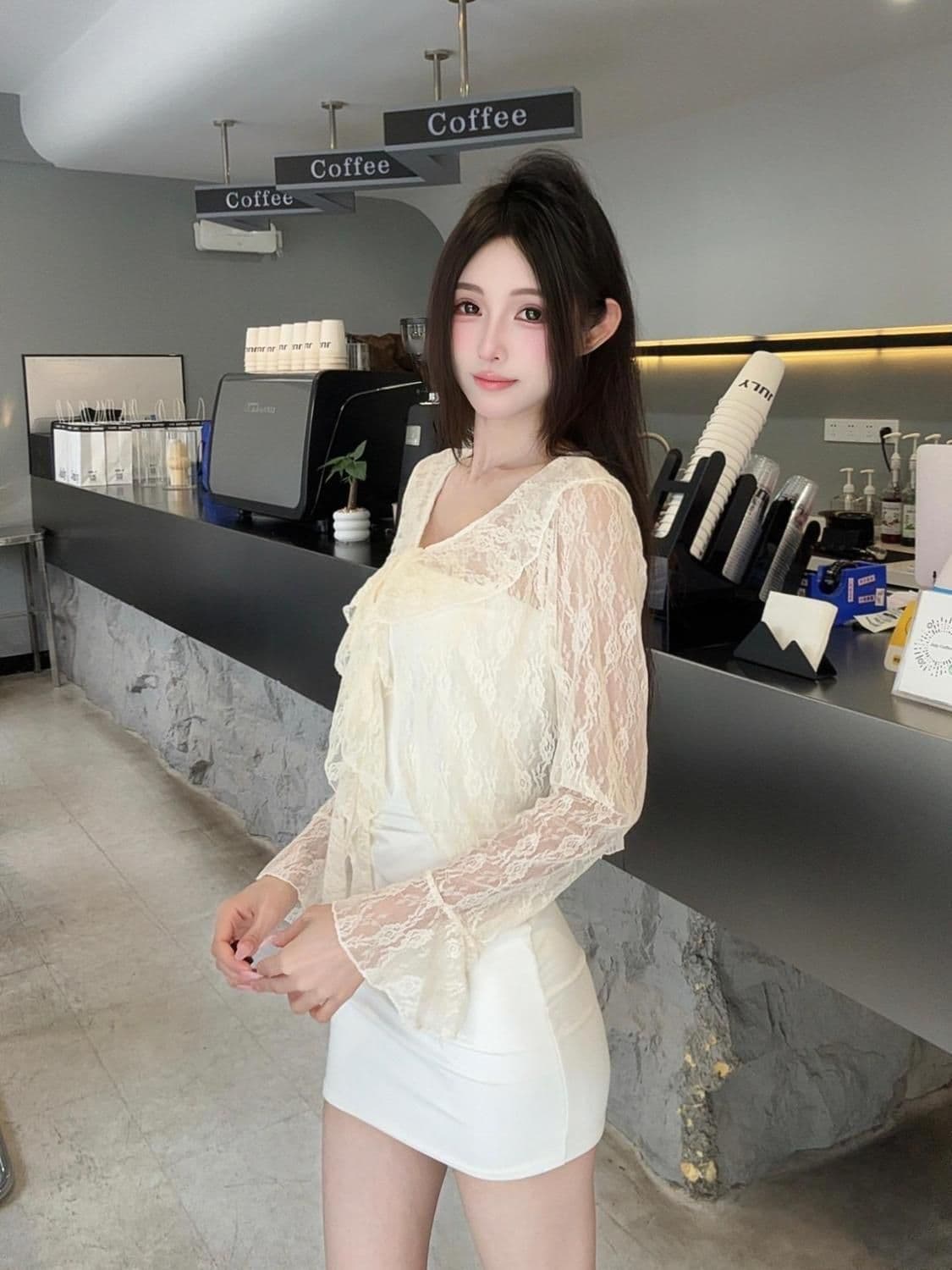 순수한 욕망 숄 여름 연꽃 잎 긴팔 얇은 스타일 홀로우 아웃 재킷 나팔 레이스 레이스업 자외선 차단 오픈 가디건 블라우스 맨위 상세 이미지 5