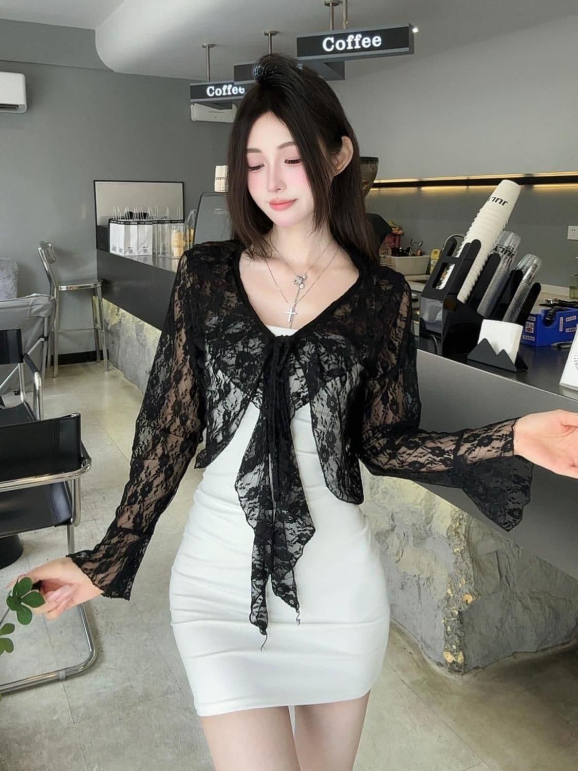 순수한 욕망 숄 여름 연꽃 잎 긴팔 얇은 스타일 홀로우 아웃 재킷 나팔 레이스 레이스업 자외선 차단 오픈 가디건 블라우스 맨위 상세 이미지 6