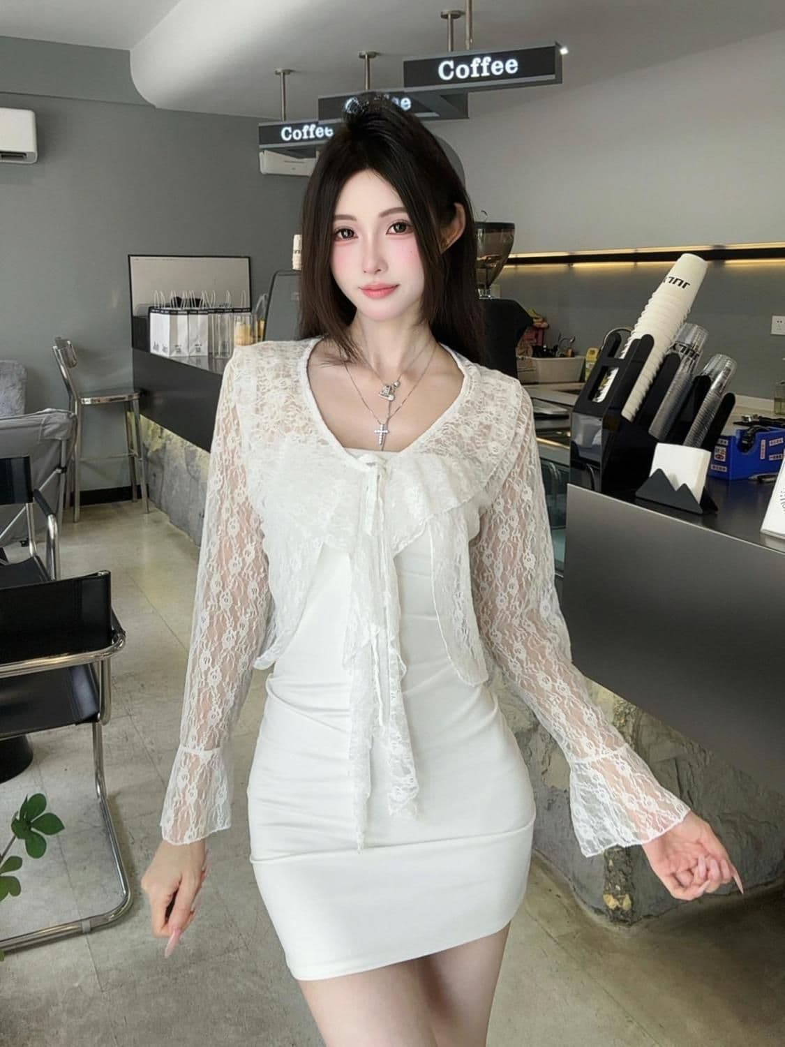 순수한 욕망 숄 여름 연꽃 잎 긴팔 얇은 스타일 홀로우 아웃 재킷 나팔 레이스 레이스업 자외선 차단 오픈 가디건 블라우스 맨위 상세 이미지 7