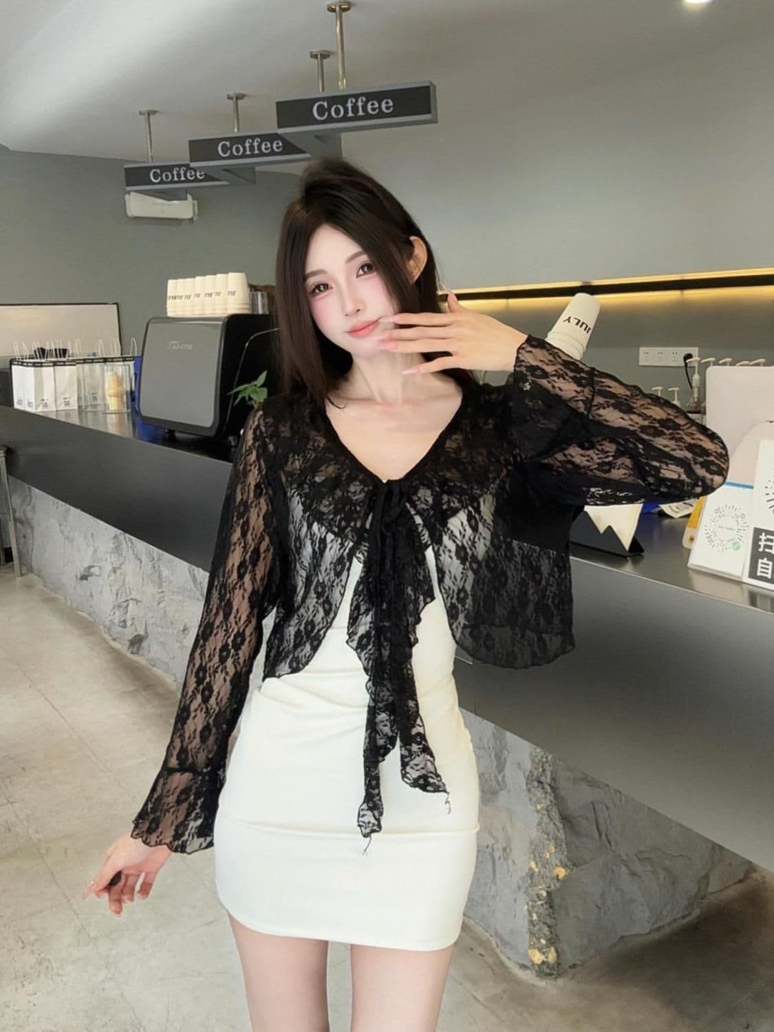 순수한 욕망 숄 여름 연꽃 잎 긴팔 얇은 스타일 홀로우 아웃 재킷 나팔 레이스 레이스업 자외선 차단 오픈 가디건 블라우스 맨위 상세 이미지 8