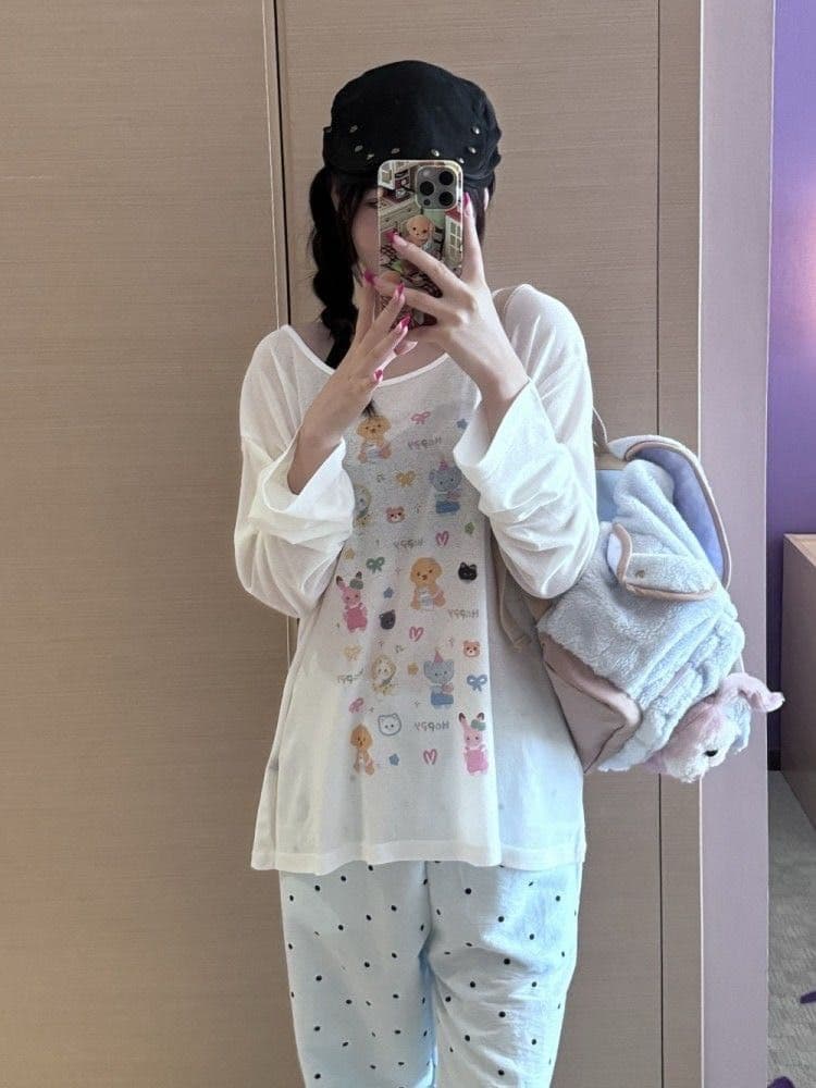 한 부서 일본식 만화 프린트 긴팔 새로운 티셔츠 여름 느긋한 자외선 차단 루즈핏 캐주얼 얇은 스타일 블라우스 맨위 상세 이미지 1