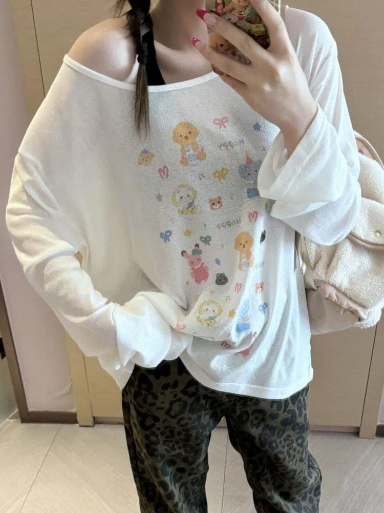 한 부서 일본식 만화 프린트 긴팔 새로운 티셔츠 여름 느긋한 자외선 차단 루즈핏 캐주얼 얇은 스타일 블라우스 맨위 상세 이미지 2