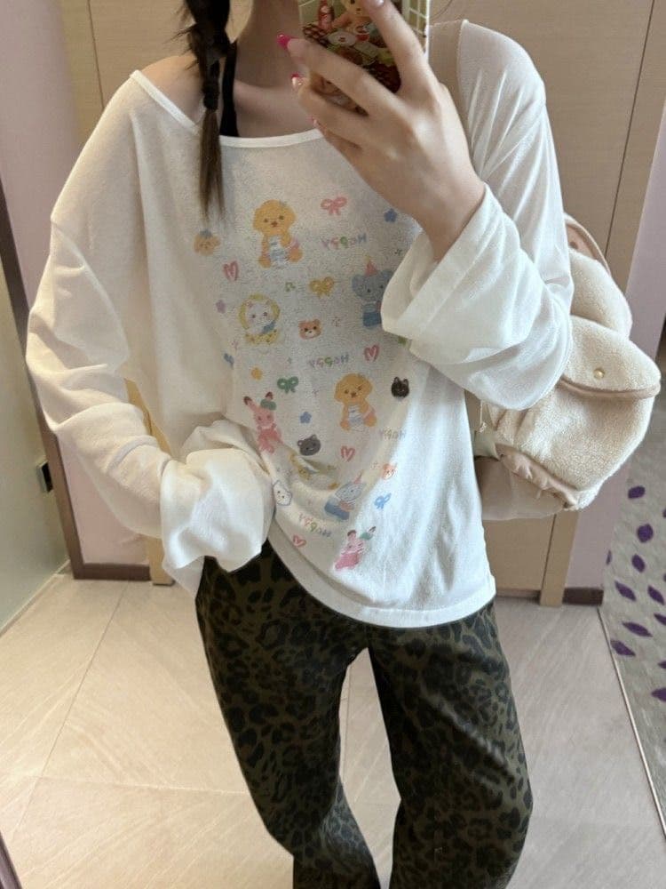 한 부서 일본식 만화 프린트 긴팔 새로운 티셔츠 여름 느긋한 자외선 차단 루즈핏 캐주얼 얇은 스타일 블라우스 맨위 상세 이미지 4