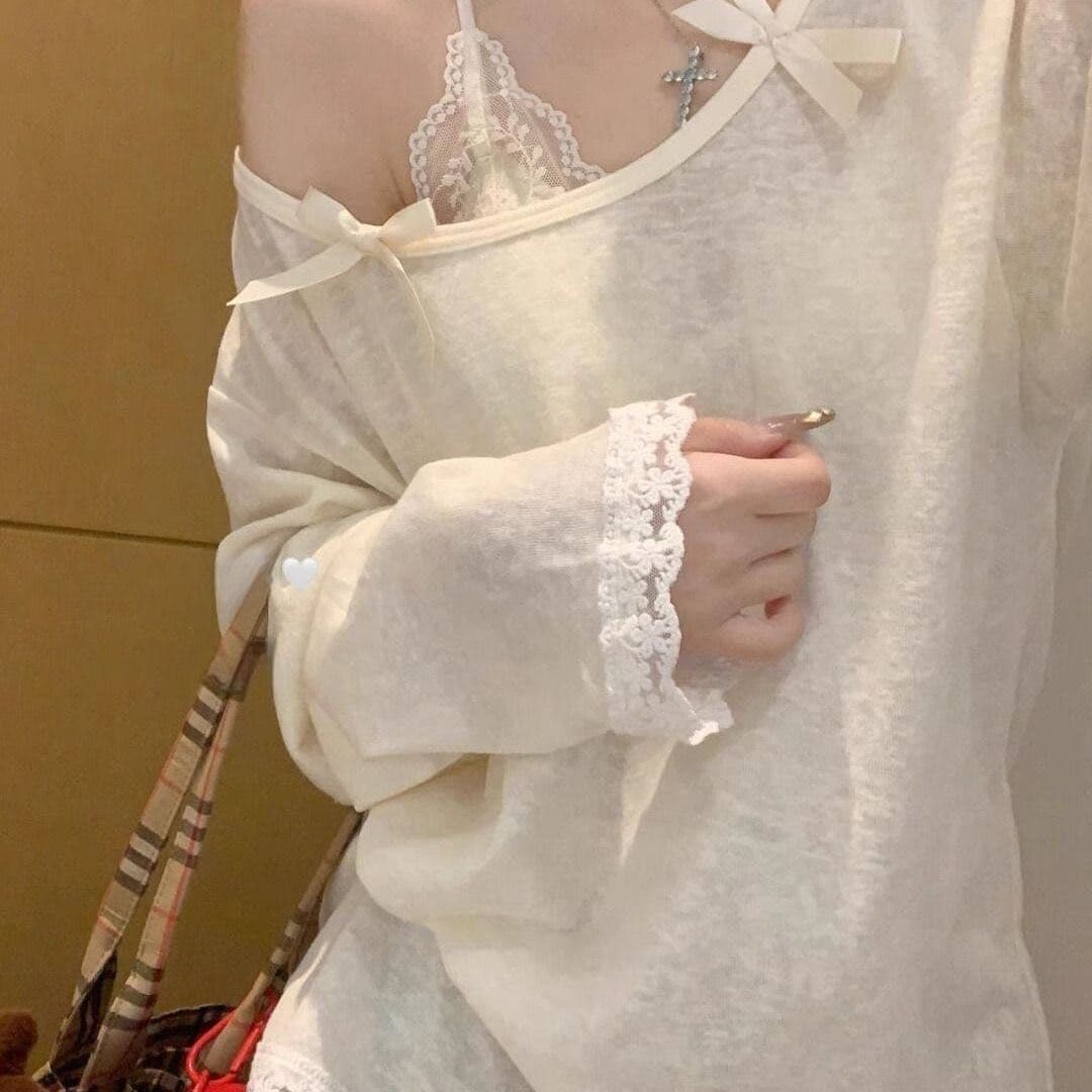 새로운 한 부서 나비 매듭 둘 착용 수 있습니다. 비스듬한 어깨 자외선 차단 블라우스 루즈핏 슬림해 보이는 다용도 얇은 스타일 맨위 ins 상세 이미지 9