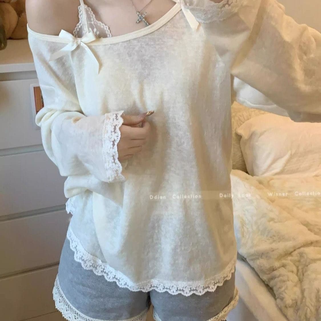 새로운 한 부서 나비 매듭 둘 착용 수 있습니다. 비스듬한 어깨 자외선 차단 블라우스 루즈핏 슬림해 보이는 다용도 얇은 스타일 맨위 ins 상세 이미지 10