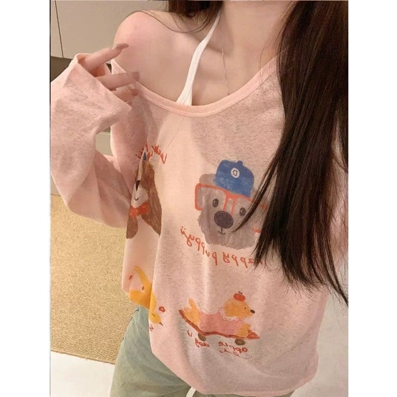 한 부서 살구 색상 프린트 긴팔 티셔츠 여성 의류 여름 스택 착용 루즈핏 얇은 스타일 자외선 차단 블라우스 느긋한 바람 맨위 상세 이미지 8