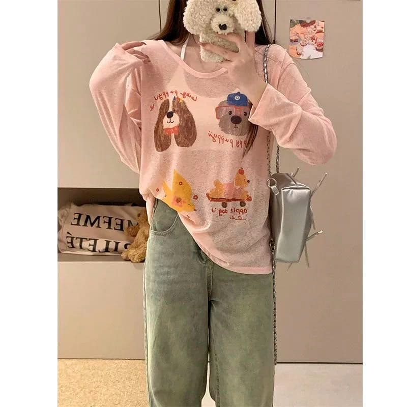 한 부서 살구 색상 프린트 긴팔 티셔츠 여성 의류 여름 스택 착용 루즈핏 얇은 스타일 자외선 차단 블라우스 느긋한 바람 맨위 상세 이미지 11