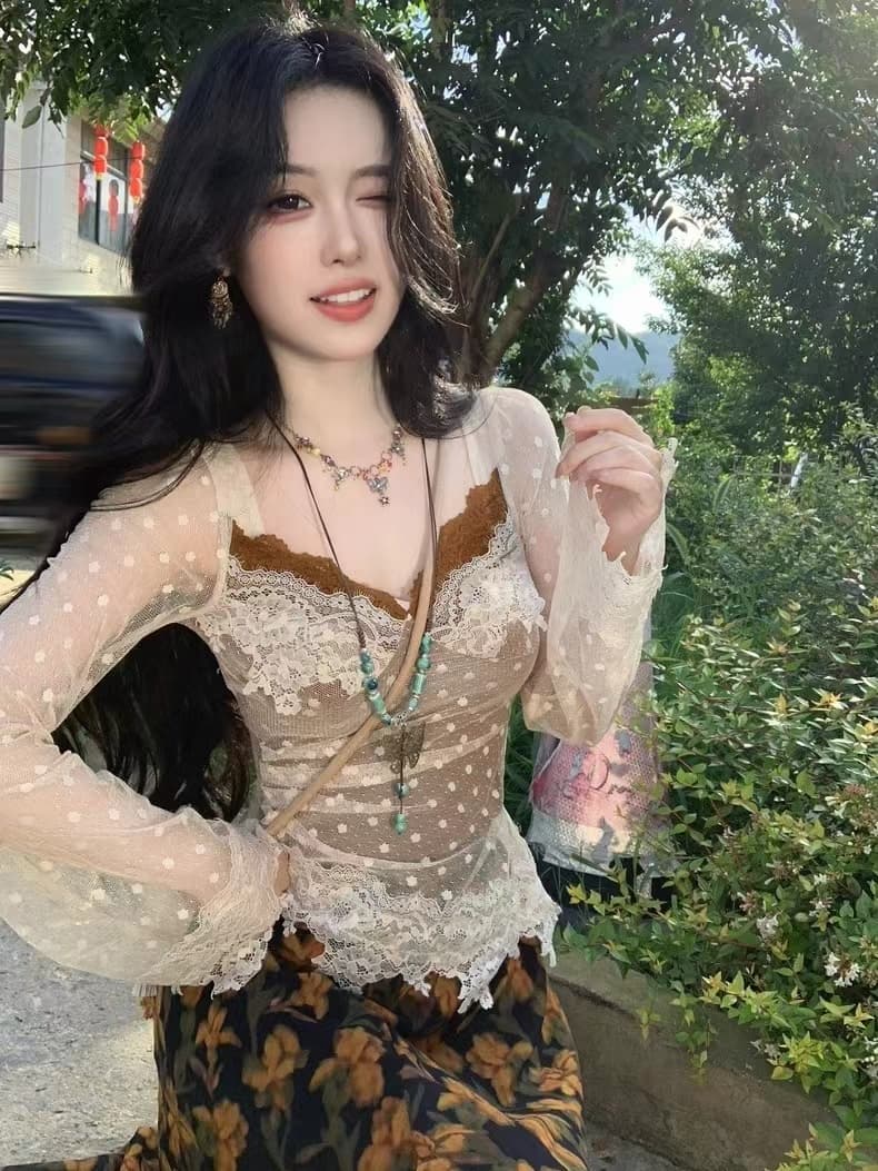 레트로 도트 무늬 레이스 페이크 레이어드 레이스 캐미솔 봄 가을 새로운 긴팔 외출용 핫걸 인사이드 잡아라. 의류 상세 이미지 27