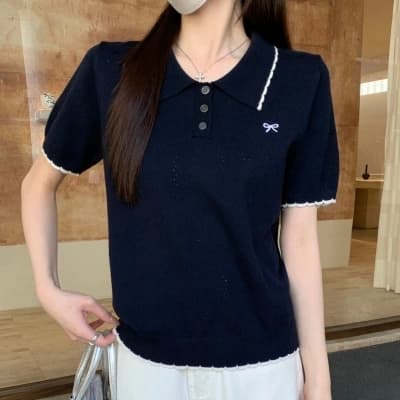 부드러운 POLO 칼라 프릴 반팔 니트 스웨터 여성 2026 여름 새로운 배색 측면 몸매 가꾸기 슬림해 보이는 맨위 트렌디 상세 이미지 1